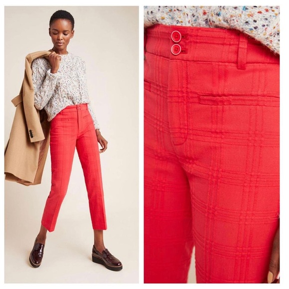 Anthropologie Essential Slim Jacquard Ankle Pants Trousers Red Size 6 - Picture 2 of 15